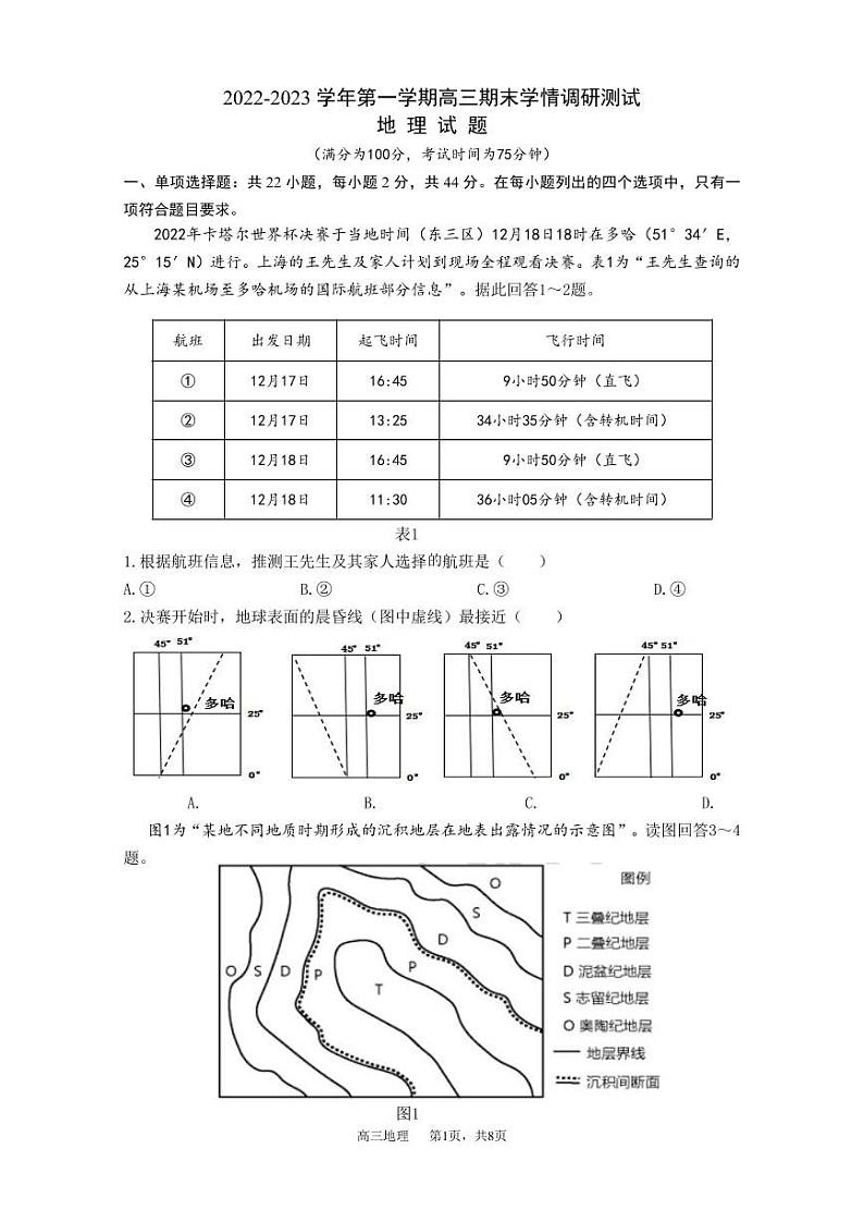江苏省扬州市高邮市高邮市2022-2023学年高三上学期1月期末考试  地理  PDF版无答案第1页