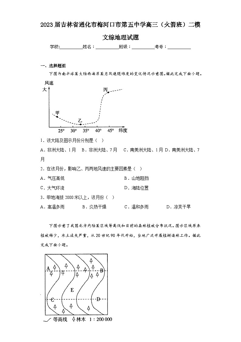 2023届吉林省通化市梅河口市第五中学高三（火箭班）二模文综地理试题（含答案）01