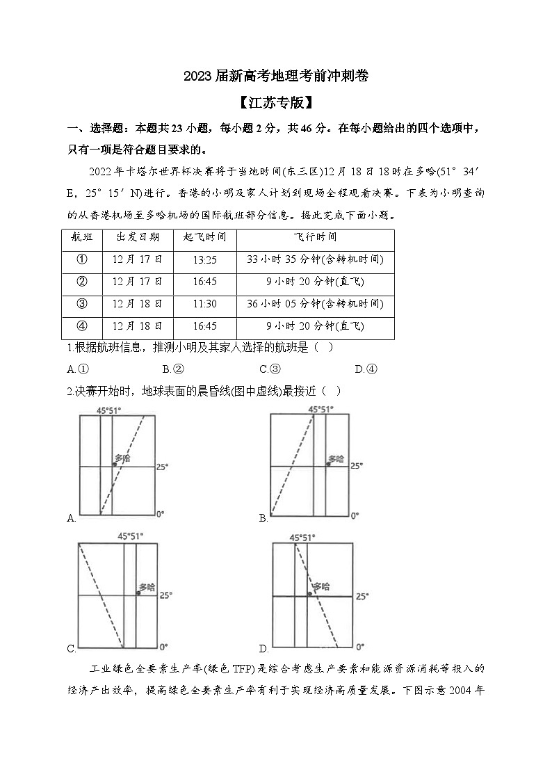 2023届新高考地理考前冲刺卷 【江苏专版】第1页