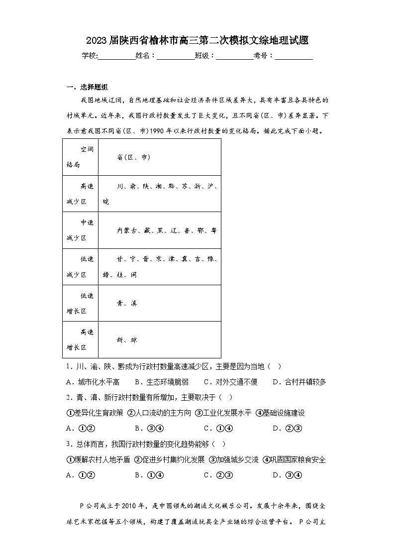 2023届陕西省榆林市高三第二次模拟文综地理试题（含答案）01