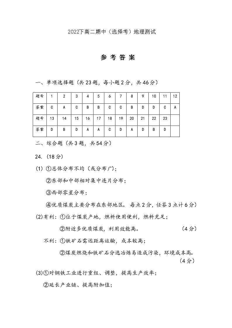 2022下高二期中地理选择考答案第1页