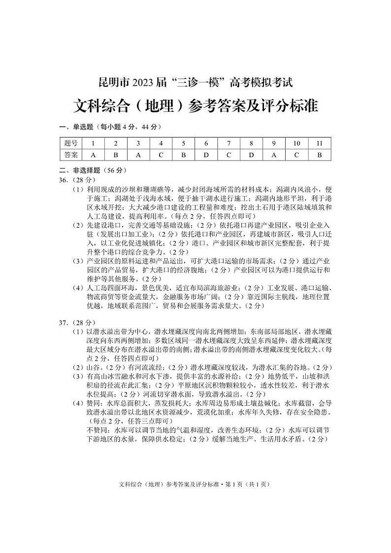 云南省昆明市2023届高三下学期“三诊一模”高考模拟考试地理答案01