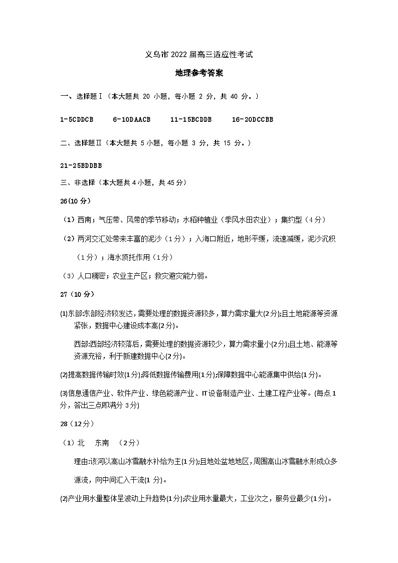 答案义乌市2022届高三适应性考试第1页