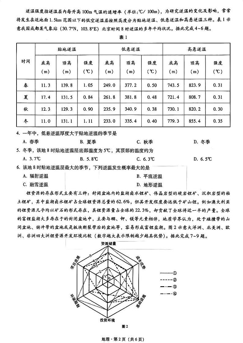重庆巴蜀中学2023届高考适应性月考卷（十）地理试题及答案02