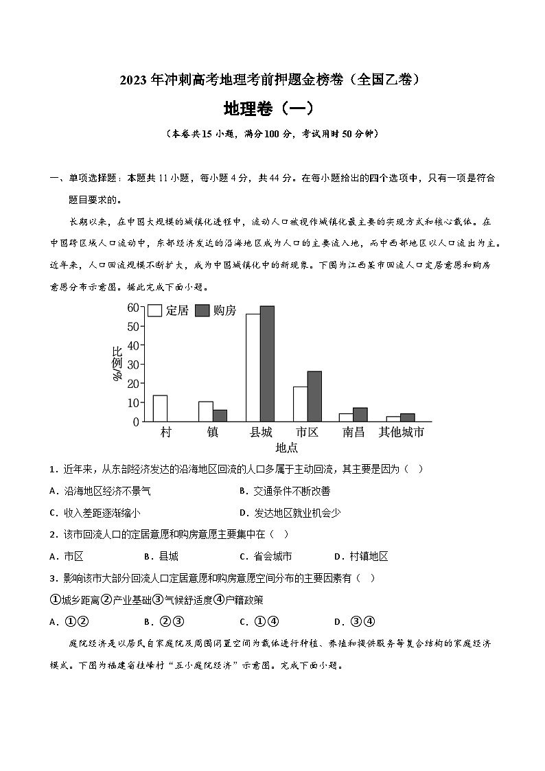 押题卷01-2023年冲刺高考地理考前押题金榜卷（全国乙卷）（原卷版）第1页