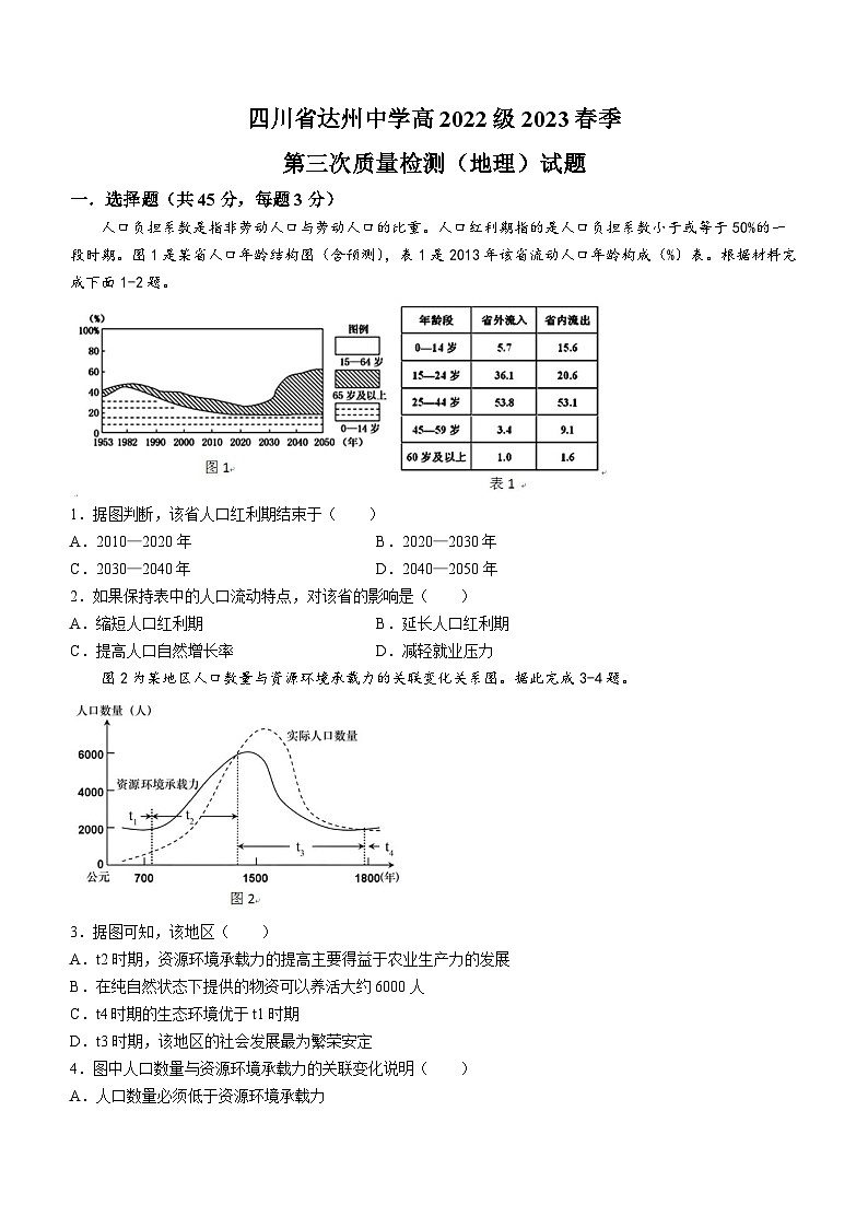 四川省达州中学2022-2023学年高三地理下学期三模试题（Word版附答案）01