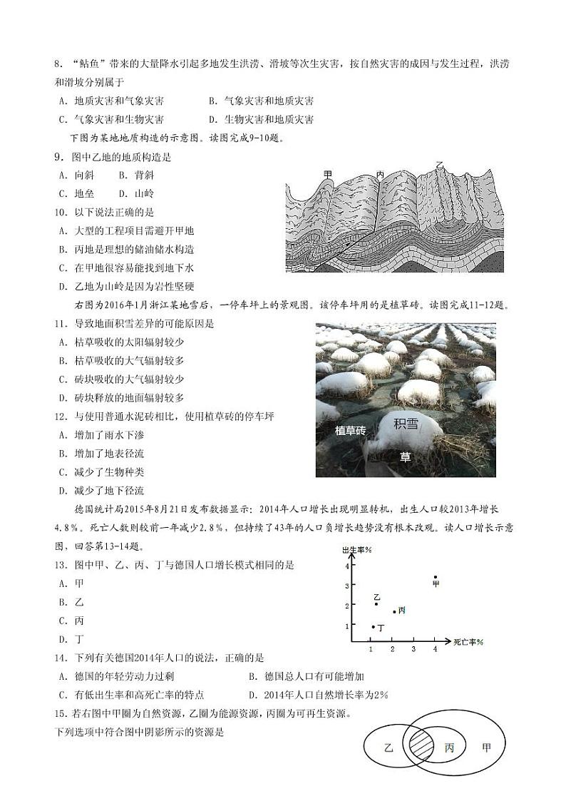 2019届浙江省丽水地区高三地理选考模拟试卷（PDF版）第2页