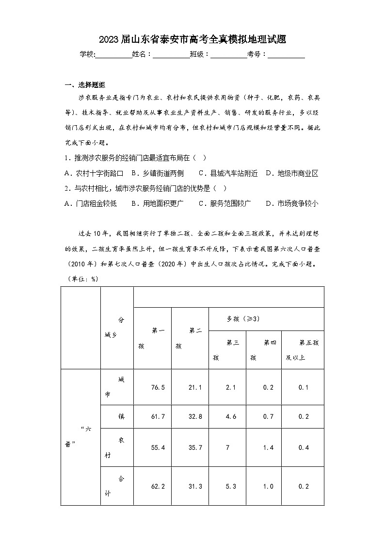 2023届山东省泰安市高考全真模拟地理试题（无答案）第1页
