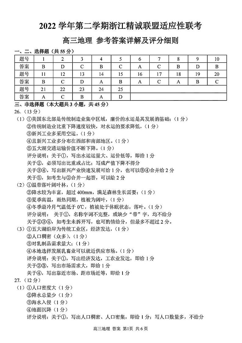 浙江精诚联盟2023届高三下学期适应性联考试题（二模）地理参考答案与解析01