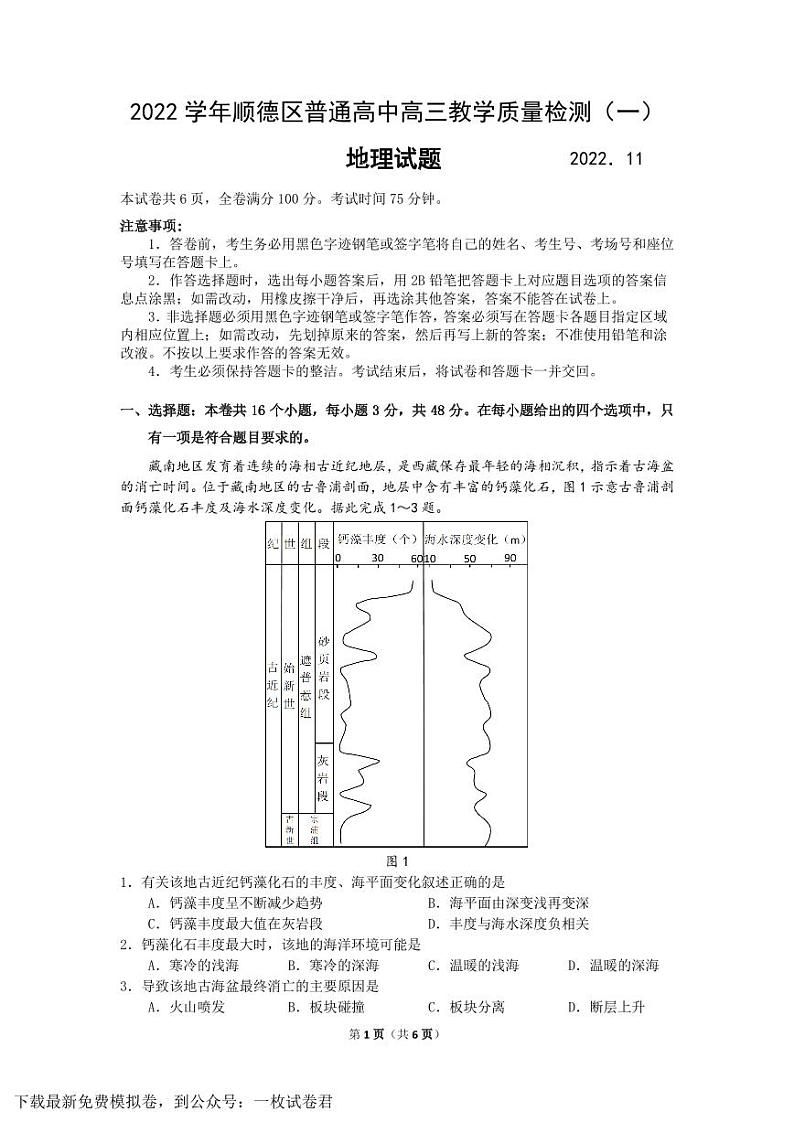 2022学年顺德区普通高中高三教学质量检测（一）地理试卷第1页