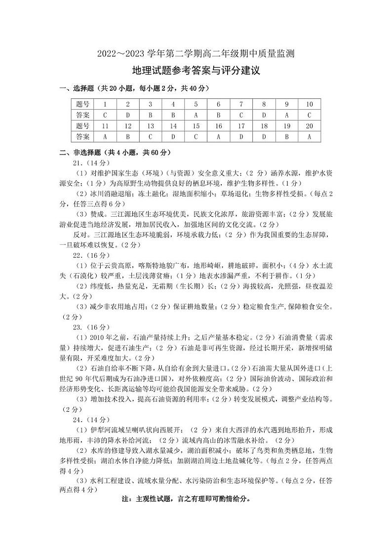 2022-2023学年山西省太原市第二学期高二年级下学期4月期中地理试卷（PDF版）01
