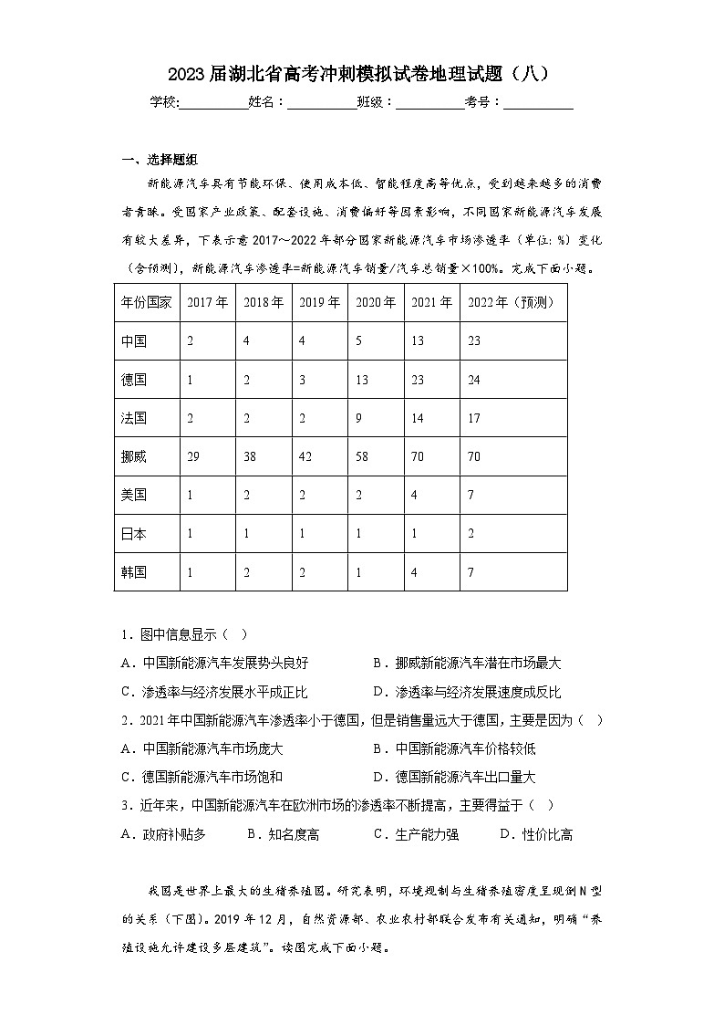 2023届湖北省高考冲刺模拟试卷地理试题（八）（含解析）01