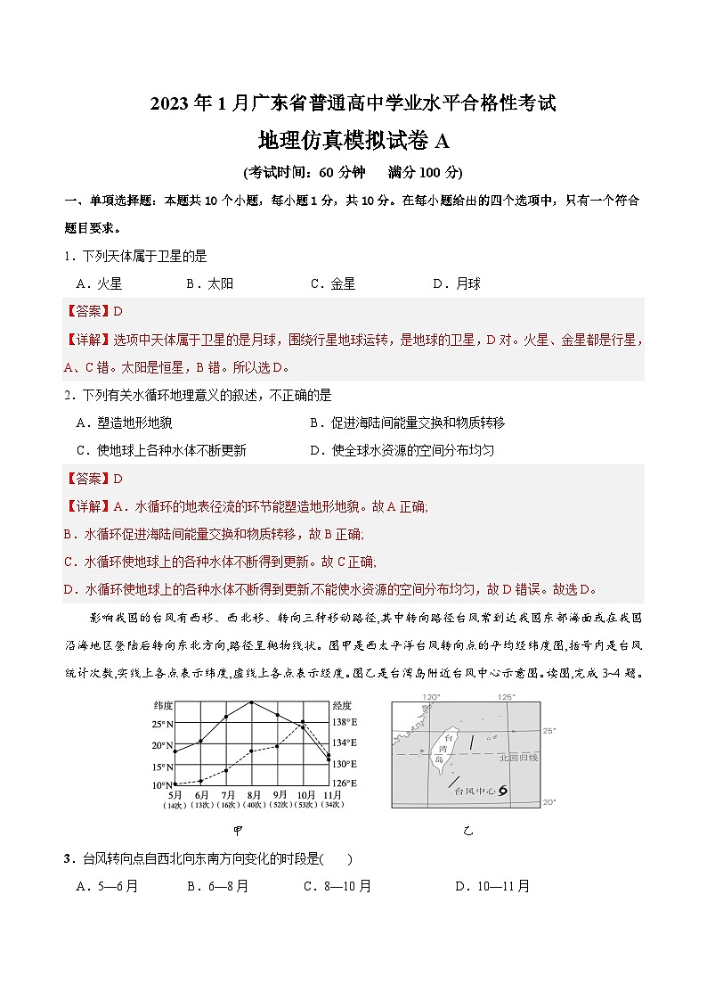 2023年1月广东省普通高中学业水平合格性考试地理模拟卷（一）01