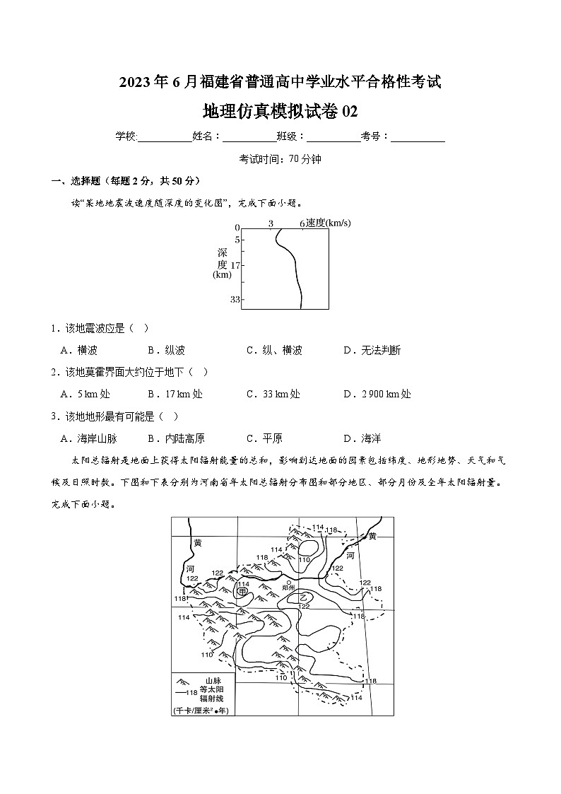 2023年6月福建省普通高中学业水平合格性考试地理模拟卷0201