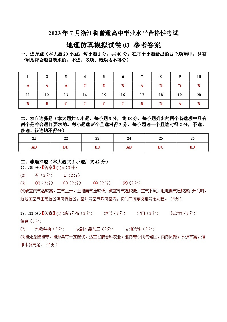 2023年7月浙江省普通高中学业水平合格性考试地理模拟卷0301