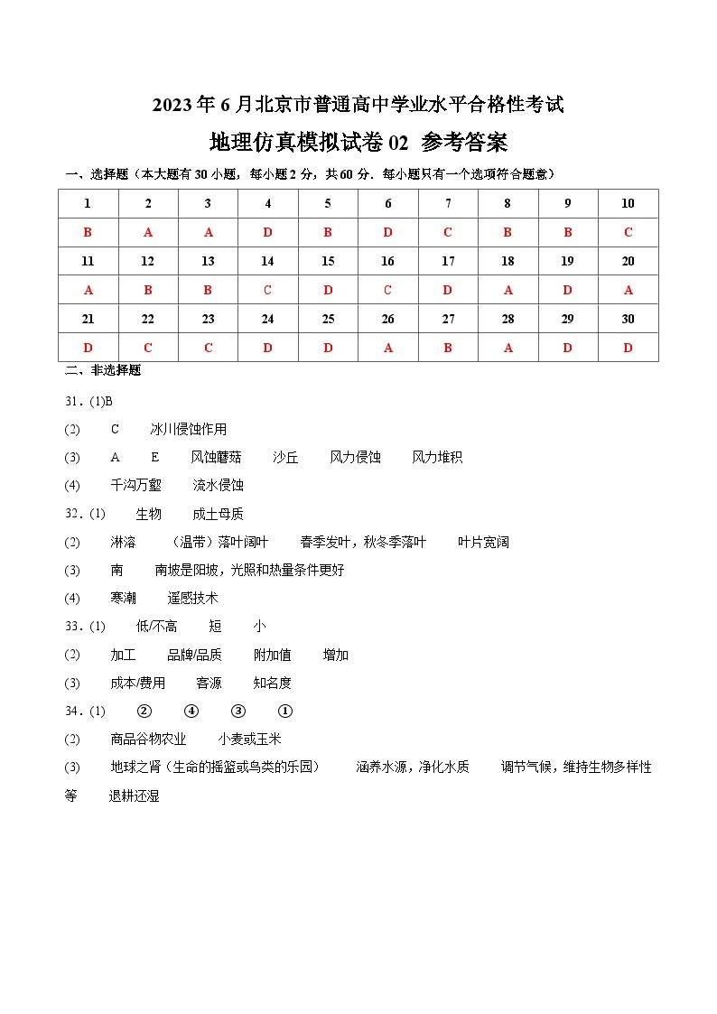 2023年北京第二次普通高中学业水平合格性考试地理模拟卷0201