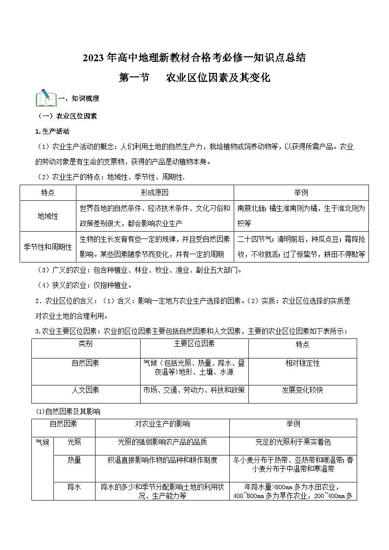 （人教版2019必修二）第三单元  产业区位因素——2023年高中地理学业水平考试专项精讲+测试01