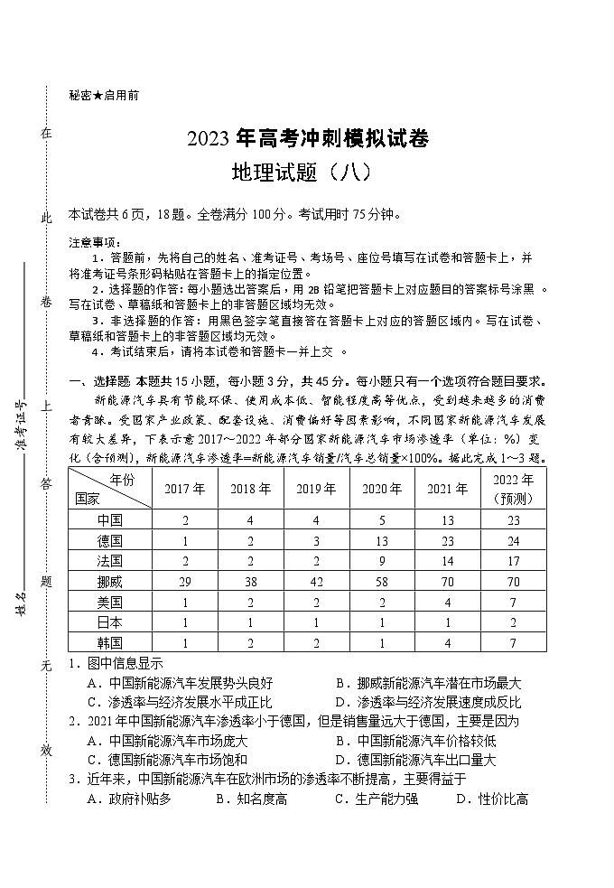 2023届湖北省高考冲刺模拟试卷地理试题（八）01