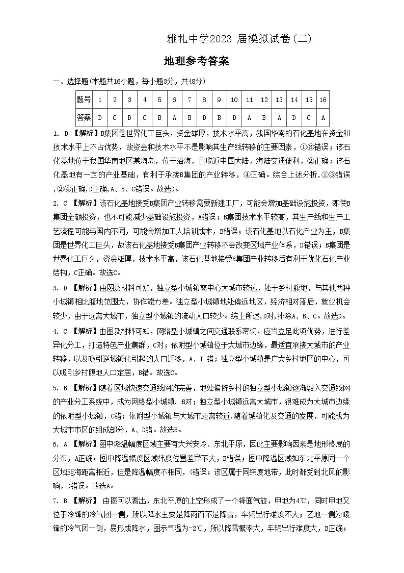 2023届湖南省长沙市雅礼中学高三二模地理试题01