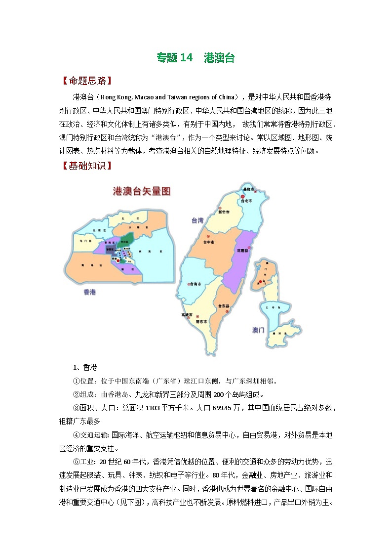 专题14 港澳台-备战2023年高考地理之考前押大题（浙江专用）01