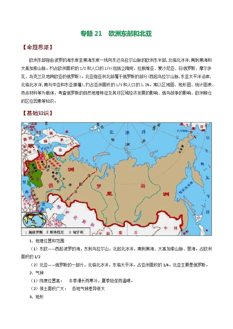 专题21 欧洲东部和北亚-备战2023年高考地理之考前押大题（浙江专用）01