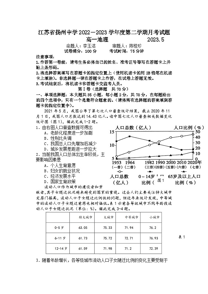 江苏省扬州中学2022-2023学年高一下学期5月月考地理试题+Word版含答案01