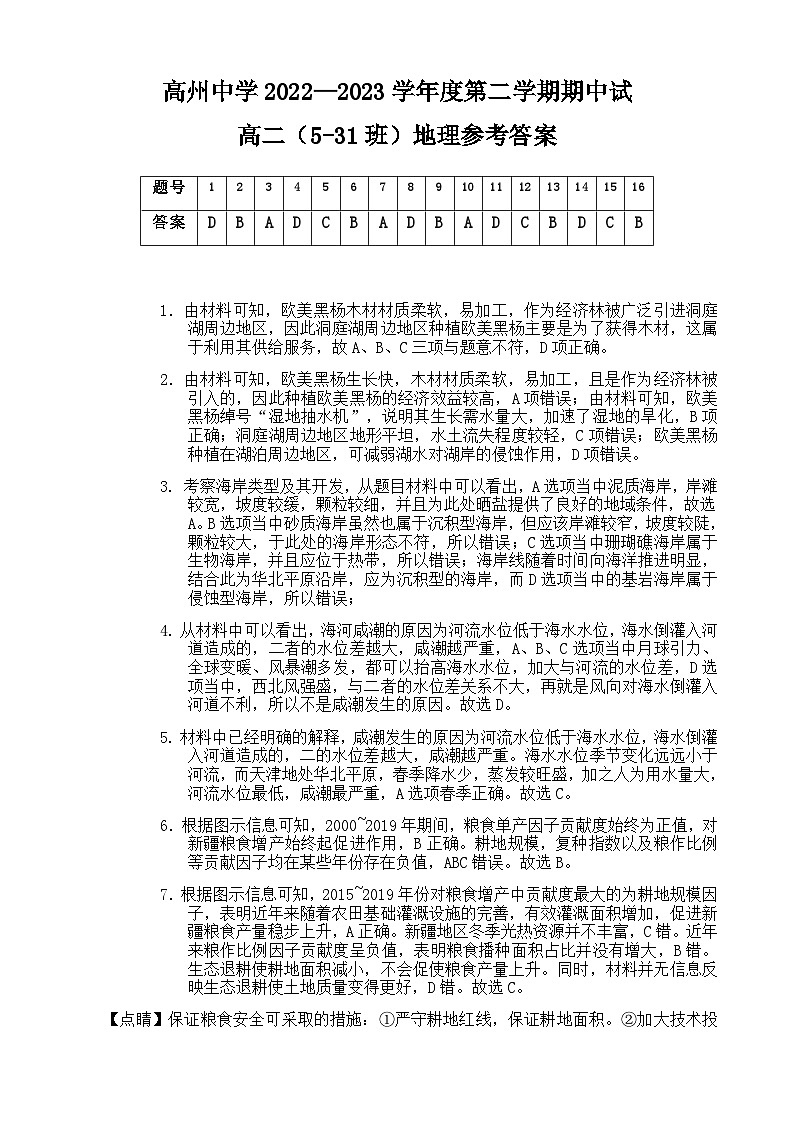 2022-2023学年广东省茂名市高州市高州中学高二下学期期中考试地理试题word版含答案01