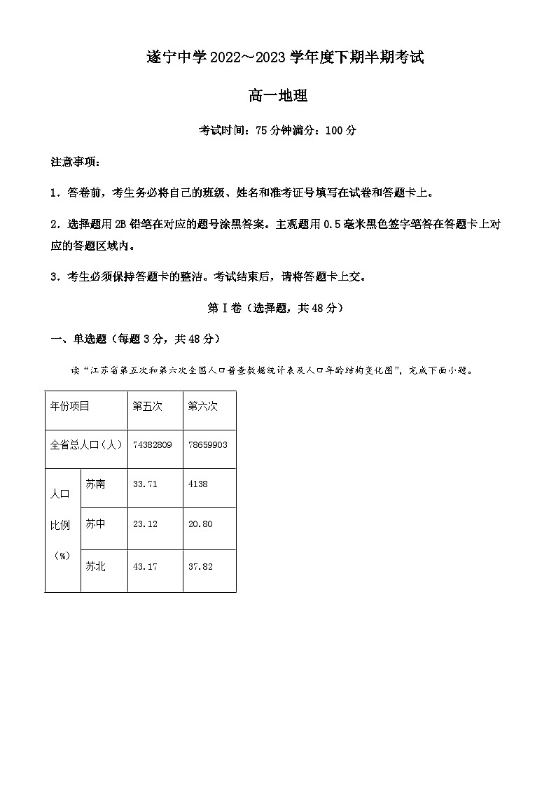 2022-2023学年四川省遂宁中学高一下学期期中地理试题含解析第1页