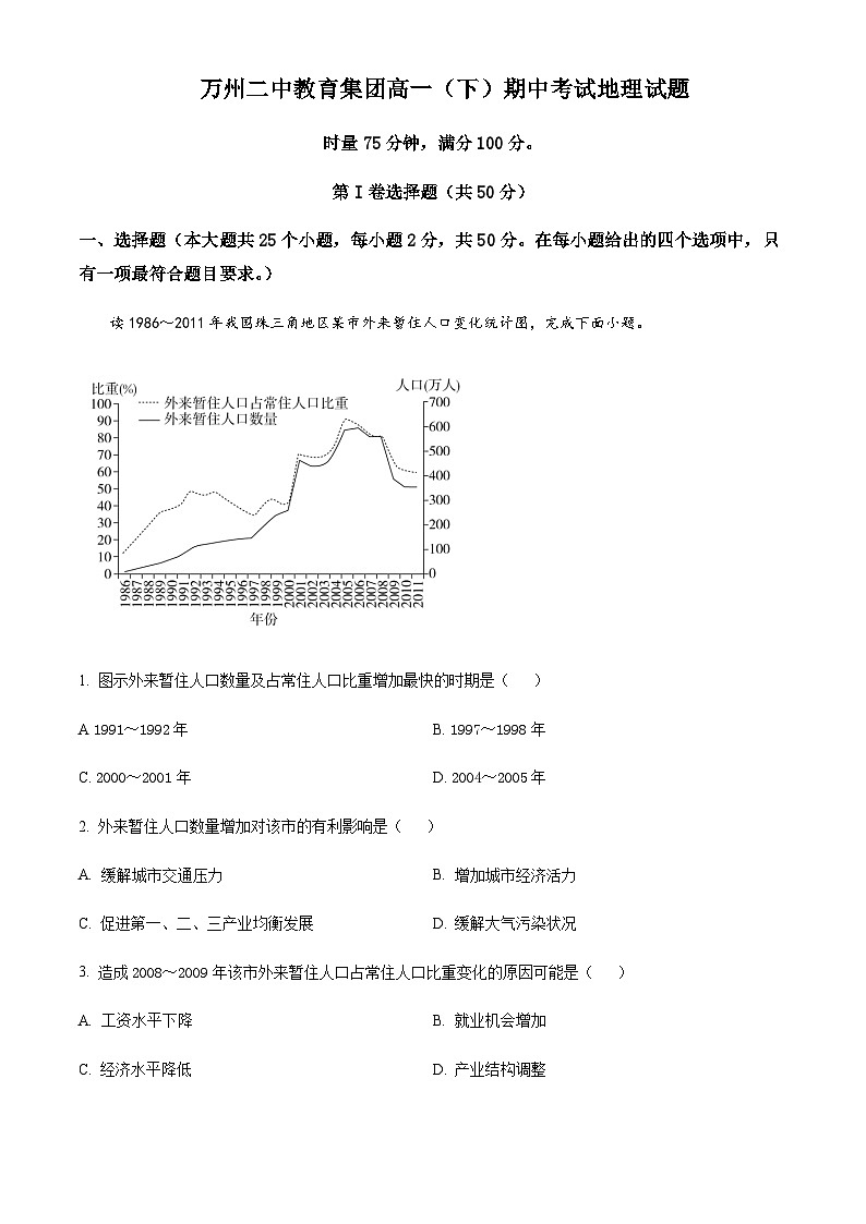 2022-2023学年重庆市万州第二高级中学高一下学期期中地理试题含解析01
