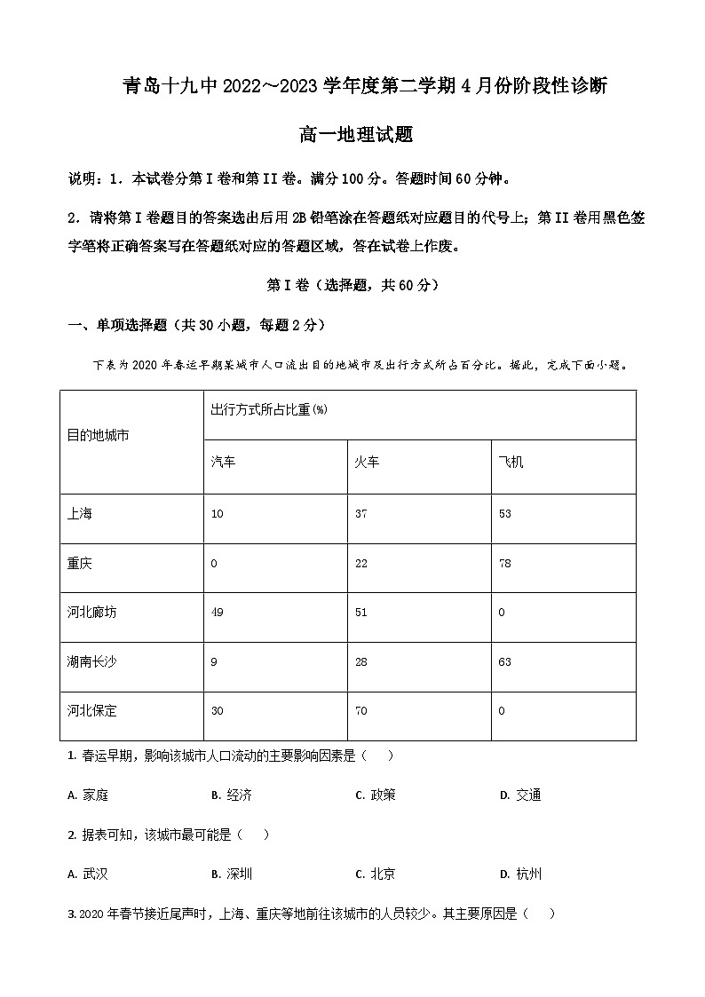 2022-2023学年山东省青岛第十九中学高一4月月考地理试题含答案第1页