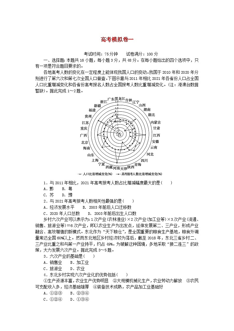 2024版新教材高考地理复习特训卷高考模拟卷一第1页