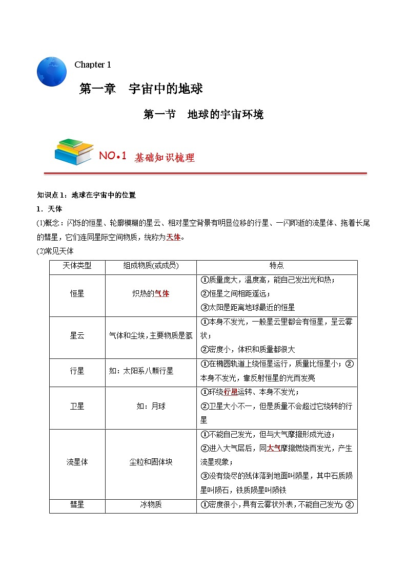第一章 宇宙中的地球——【期末复习】高中地理全册单元知识点梳理（人教版2019必修第一册）01