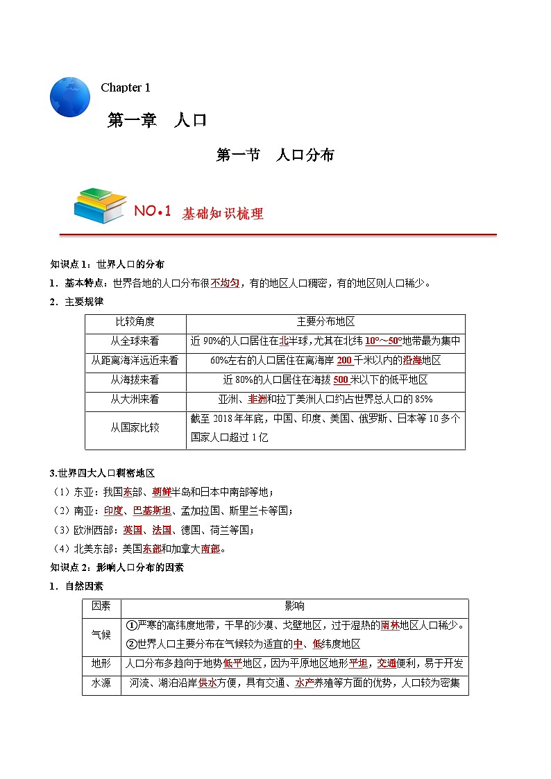 第一章 人口（背诵版）——【期末复习】高中地理全册单元知识点梳理（人教版2019必修第二册）第1页