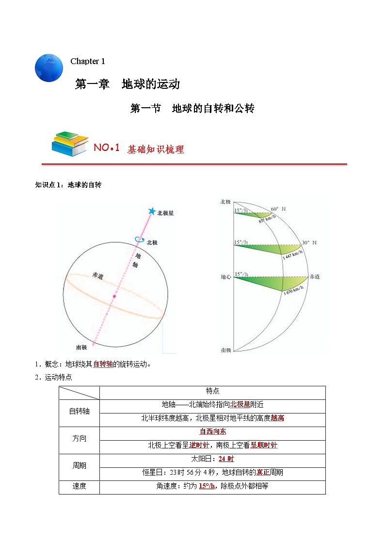第一章 地球上的运动（背诵版）——【期末复习】高中地理全册单元知识点梳理（人教版2019选择性必修1）第1页