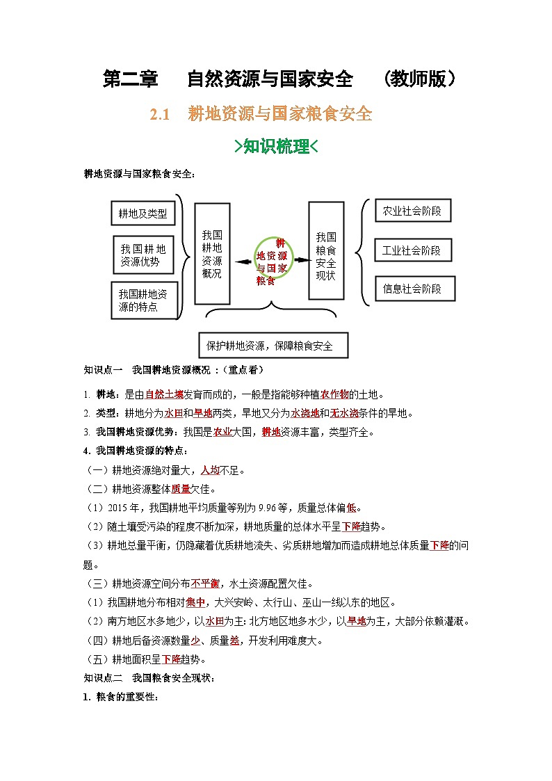 第二章   自然资源与国家安全    ——【期末复习】高二地理单元知识点梳理+训练学案  （湘教版2019选择性必修3） (教师版)第1页