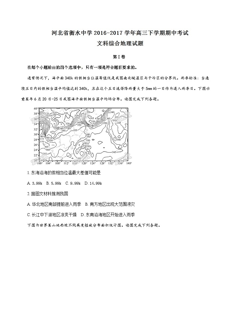 精品解析：【全国百强校】河北省衡水中学2016-2017学年高三下学期期中考试文综地理试题解析（原卷版）第1页