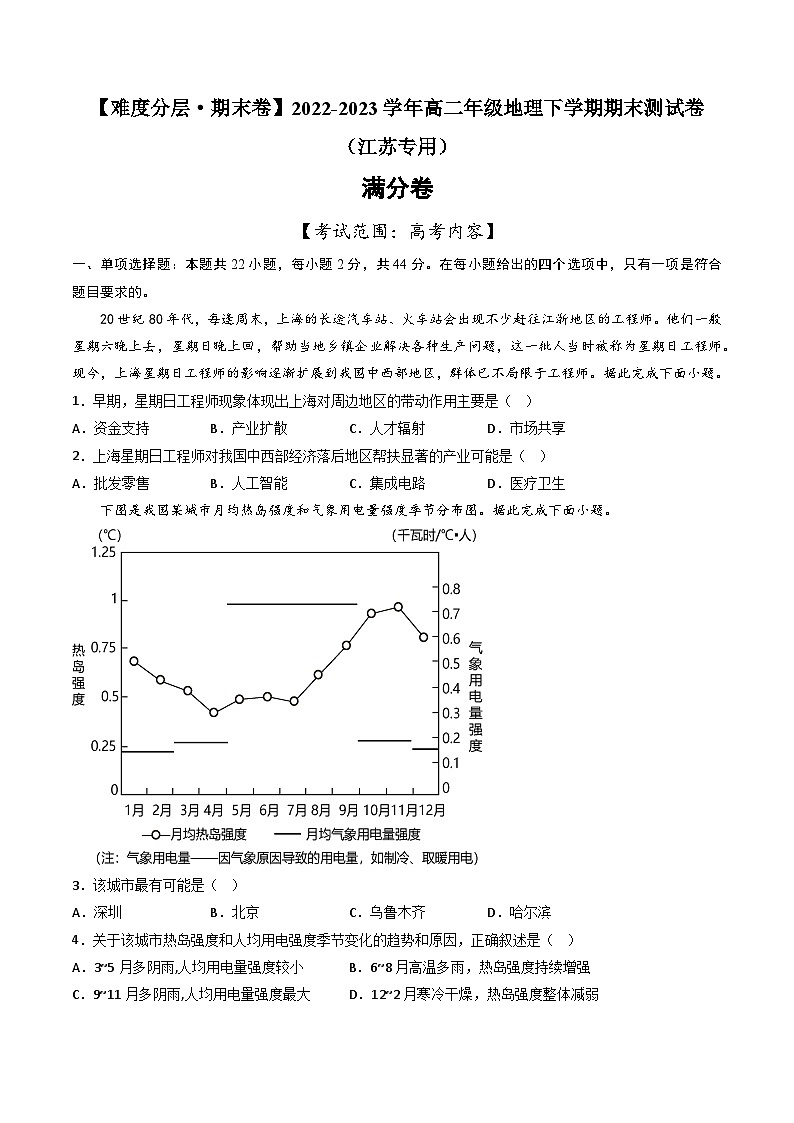 【期末模拟满分卷】——2022-2023学年高二年级地理下学期期末模拟测试卷（江苏专用 高考内容）（原卷版）第1页