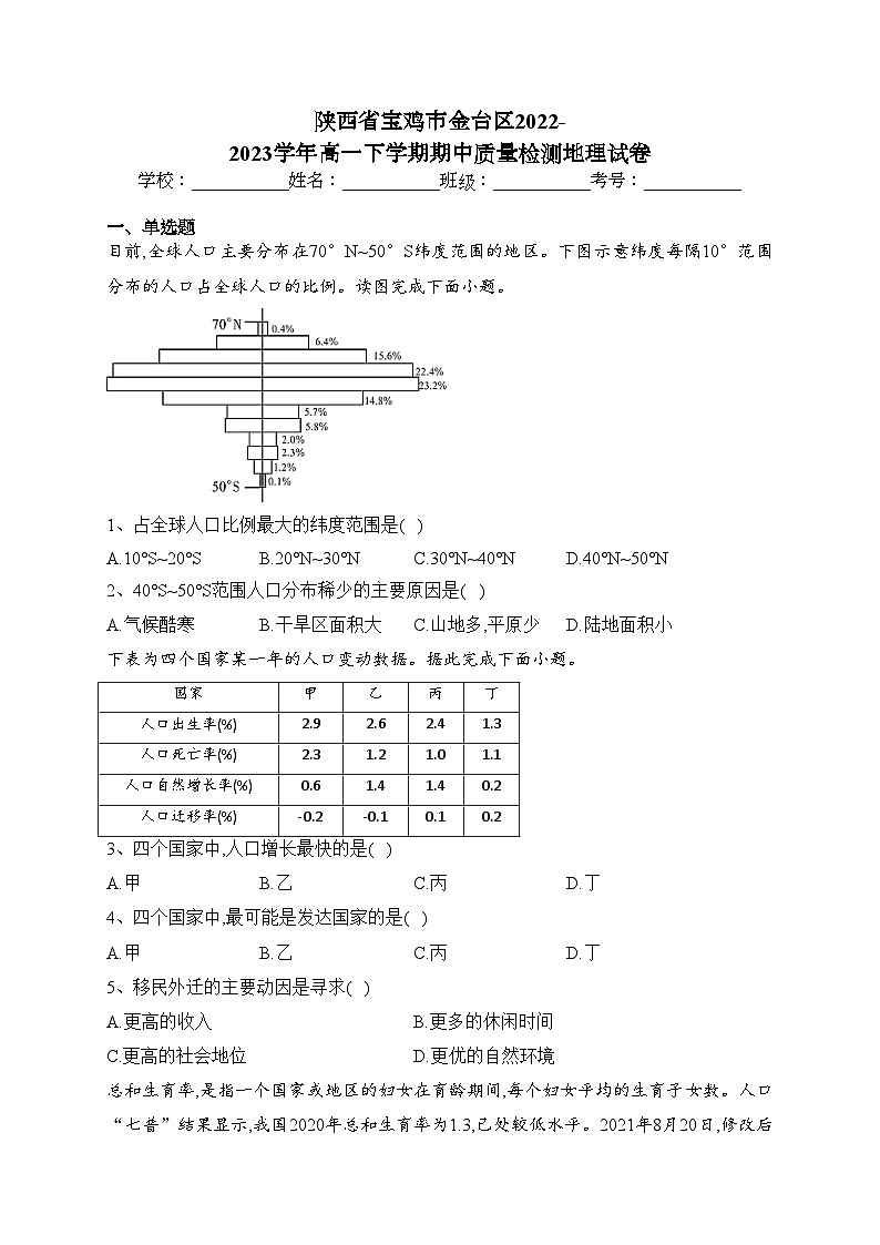 陕西省宝鸡市金台区2022-2023学年高一下学期期中质量检测地理试卷(含答案)第1页