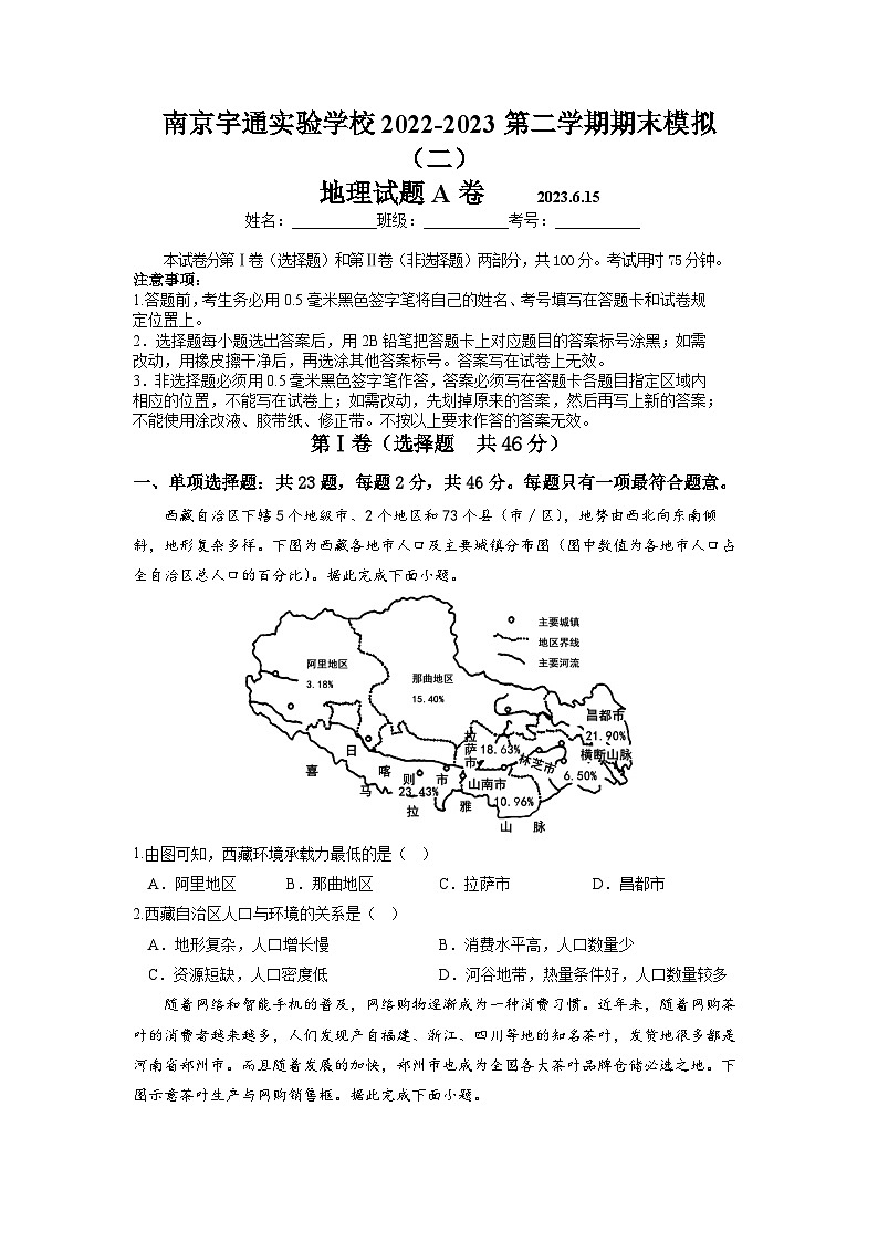 江苏省南京宇通实验学校2022-2023学年高一下学期期末地理模拟试卷（二）01