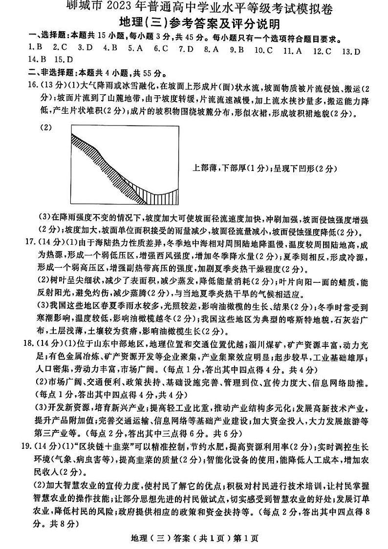 2023年聊城市高三三模试题：地理答案第1页