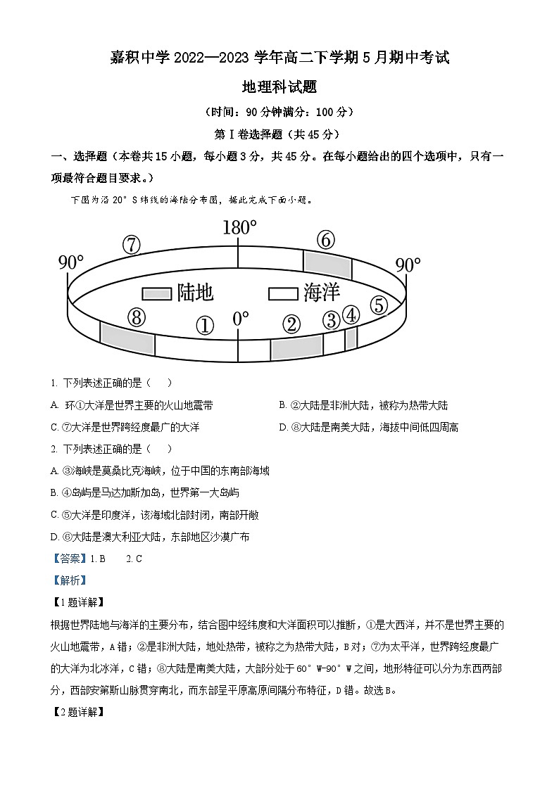 精品解析：海南省琼海市嘉积中学2022-2023学年高二下学期期中地理试题（解析版）第1页