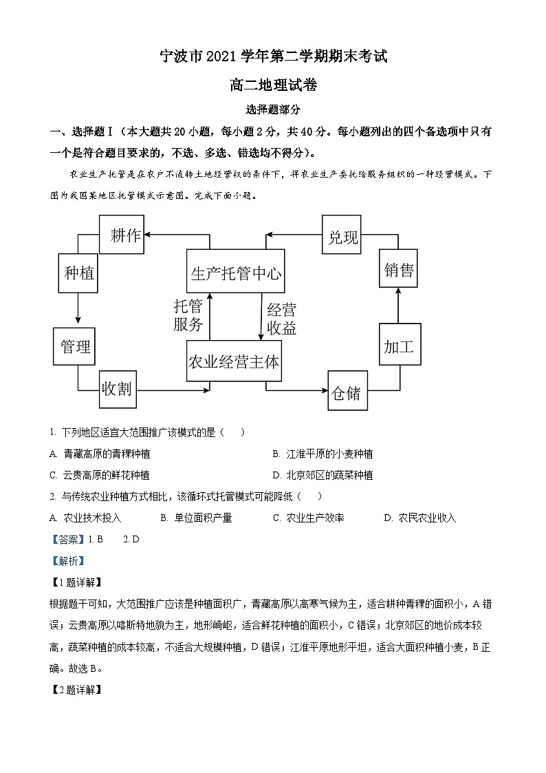 浙江省宁波市2021-2022学年高二地理下学期期末试题（Word版附解析）01