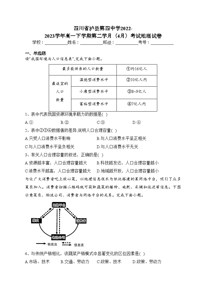 四川省泸县第四中学2022-2023学年高一下学期第二学月（4月）考试地理试卷（含答案）第1页