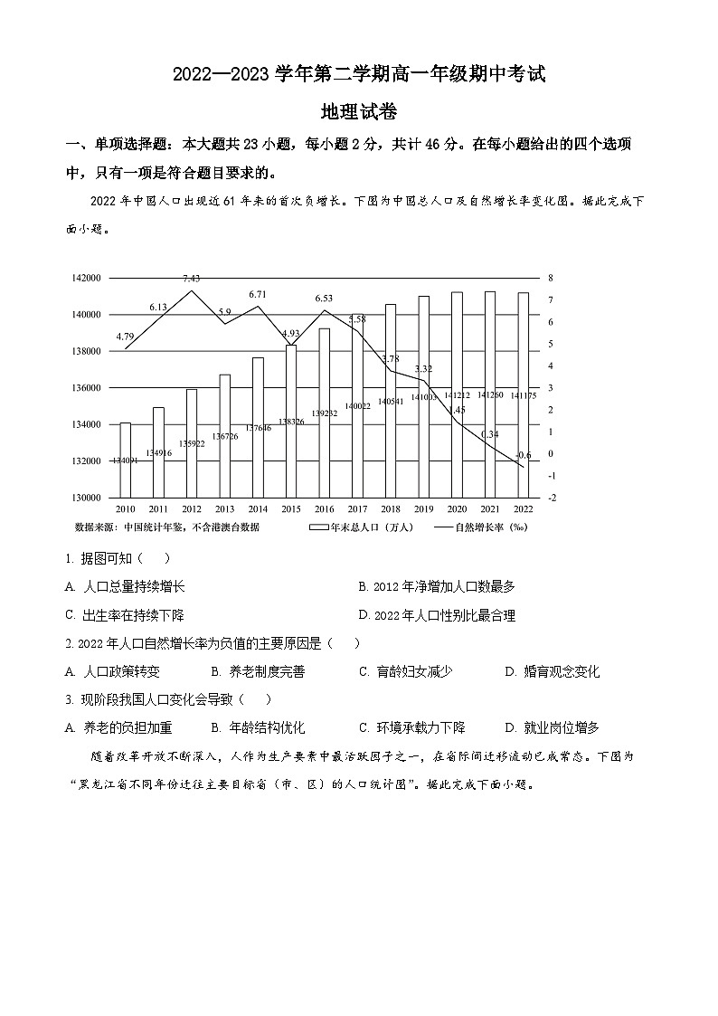 江苏省淮宿七校2022-2023学年高一下学期期中地理试题无答案第1页