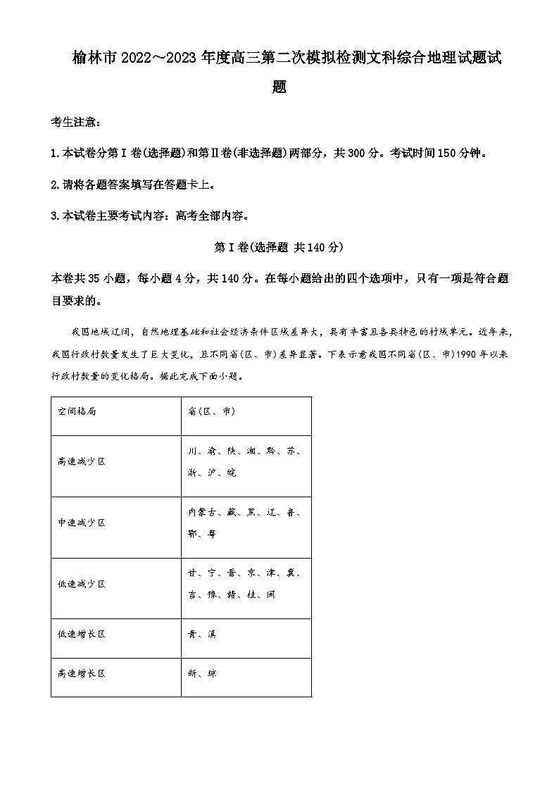 2022-2023学年陕西省榆林市高三第二次模拟文综地理试题含解析01