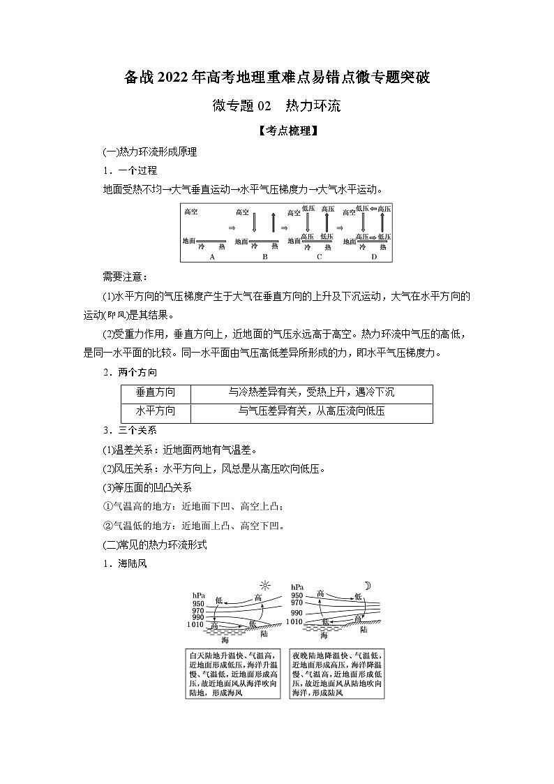 微专题02 热力环流-备战2022年高考地理重难点易错点微专题突破（原卷版）01