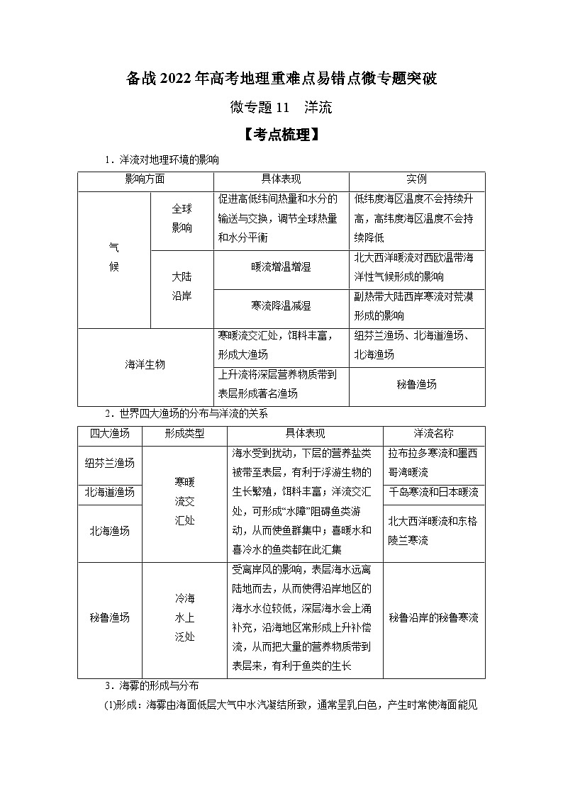 微专题11 洋流-备战2022年高考地理重难点易错点微专题突破（原卷版）01