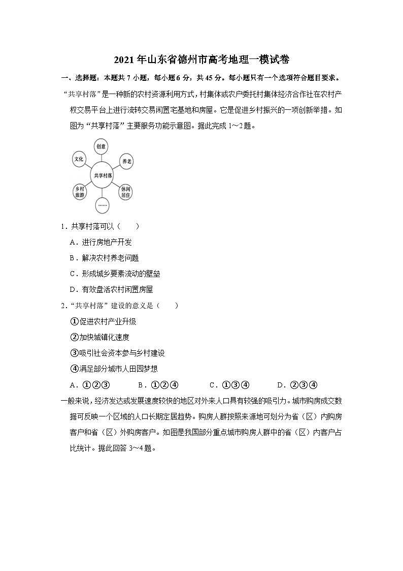 2021年山东省德州市高考地理一模试卷01