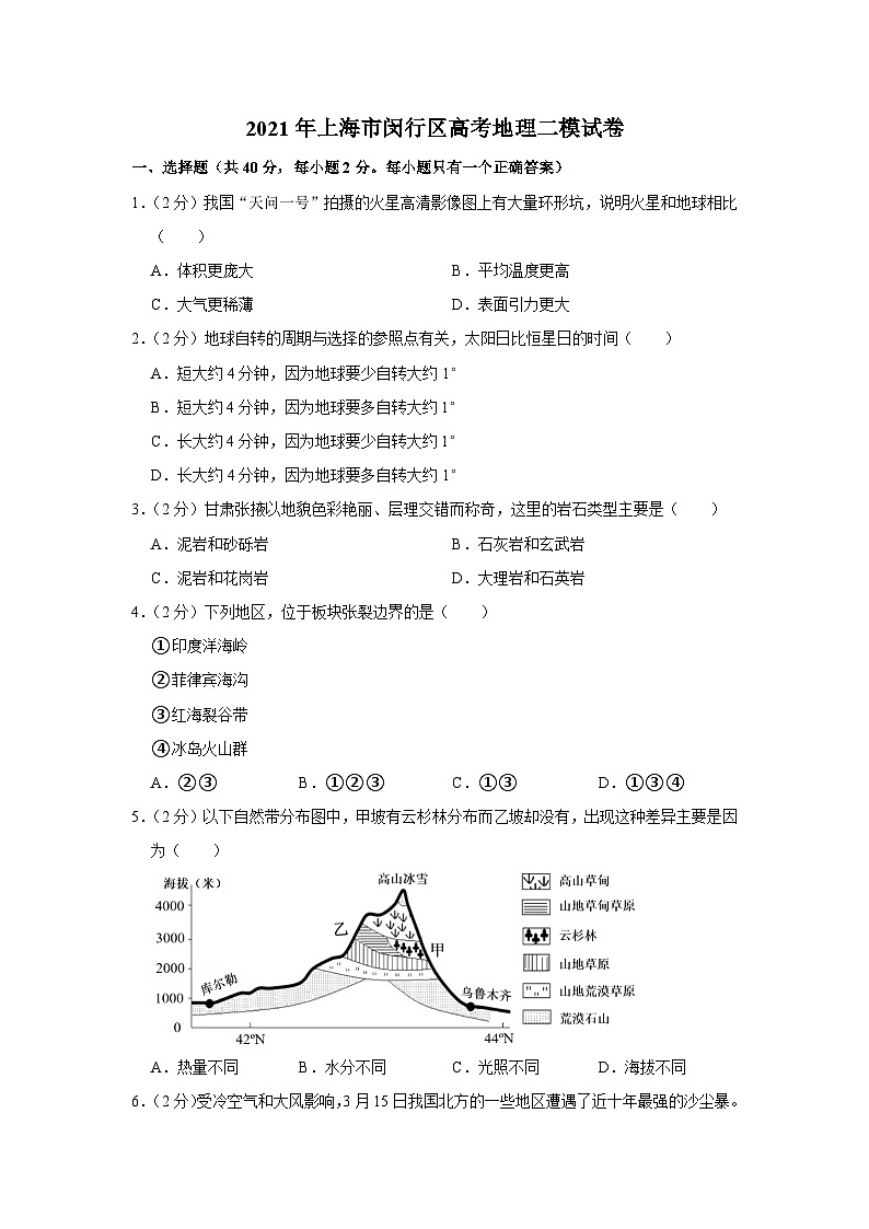 2021年上海市闵行区高考地理二模试卷01