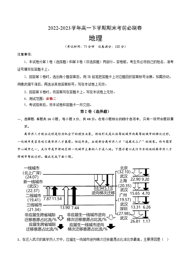 2022-2023学年高一下学期期末考前必刷卷：地理02卷（湘教版2019）（考试版）A401